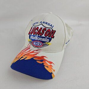 Lucas Oil Nationals Hat Mens White Blue Strapback NHRA Flames Racing 18th Annual
